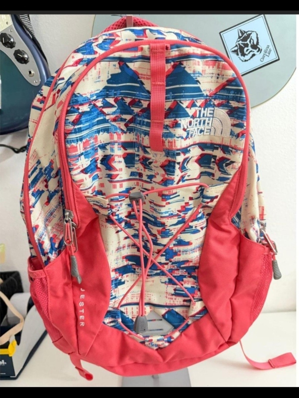 The North Face Patterned Jester Backpack in Coral and Blue
